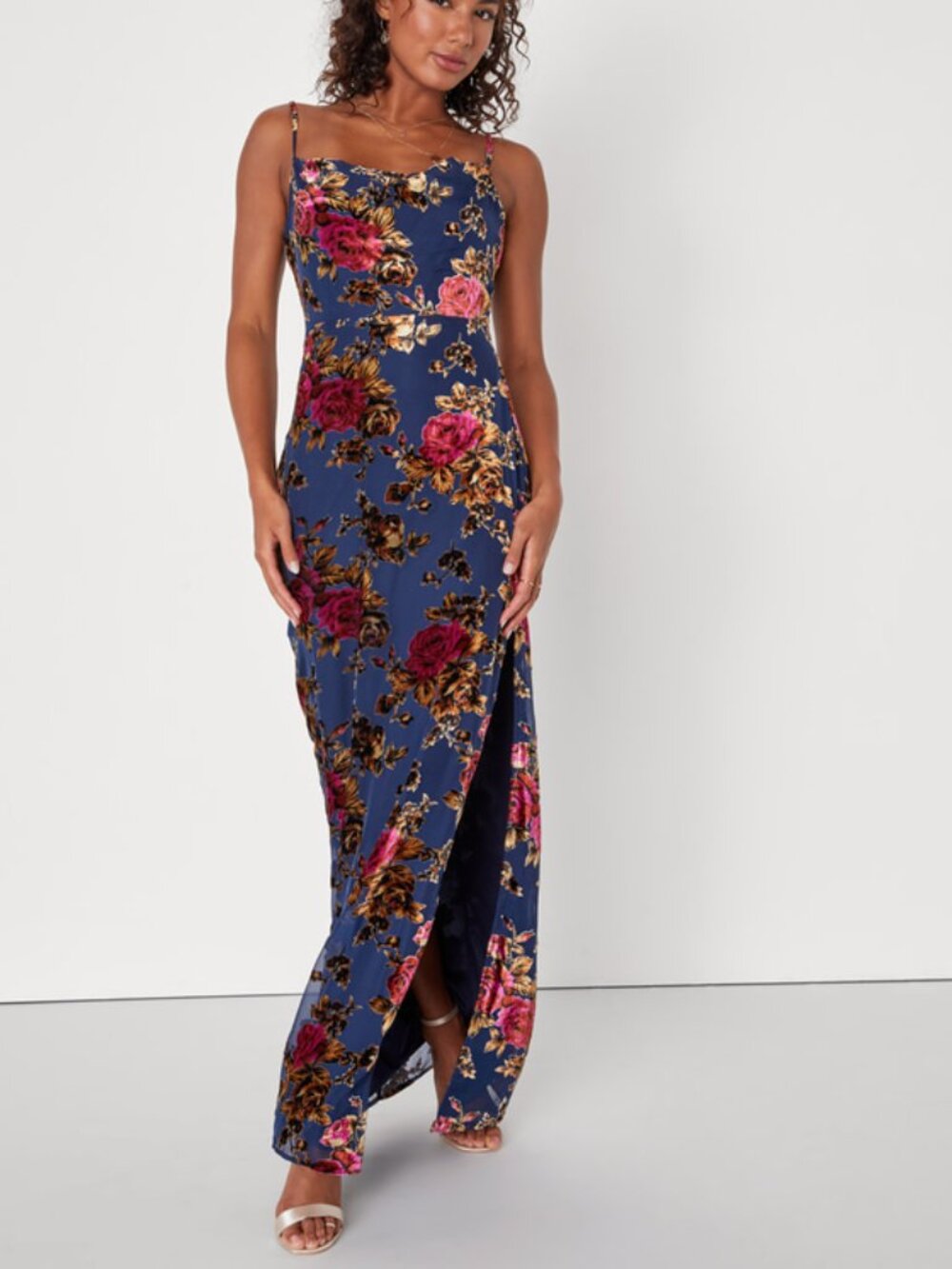 Lulus Chic Romantic Navy Blue Burnout Velvet Floral Cowl Neck Dress - Size M